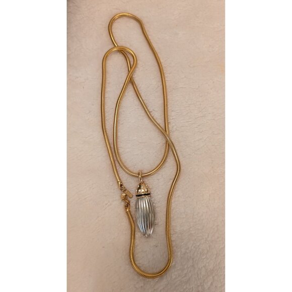 Rare Monet Snake Chain Necklace W/ Silver-Toned Ribbed Pendant & Rhinestones 34" - Picture 9 of 9